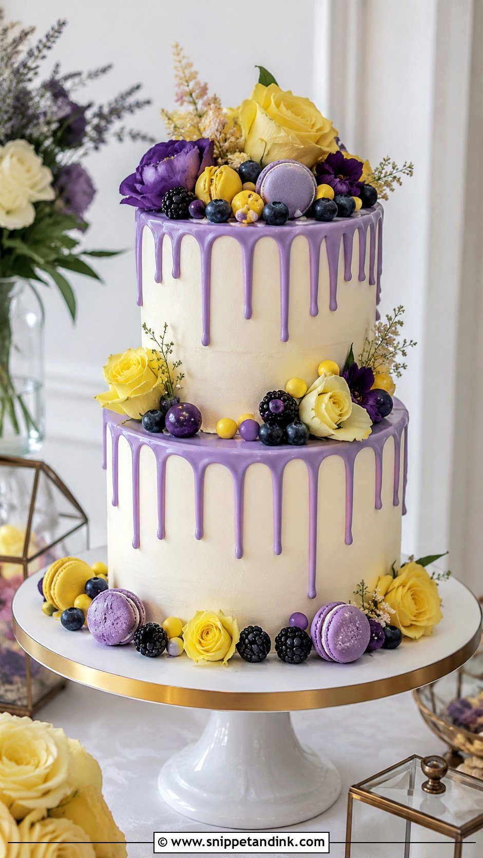 Purple And Yellow Drip Wedding Cake - Snippet and Ink - 20 Purple and Yellow Wedding Cake Ideas