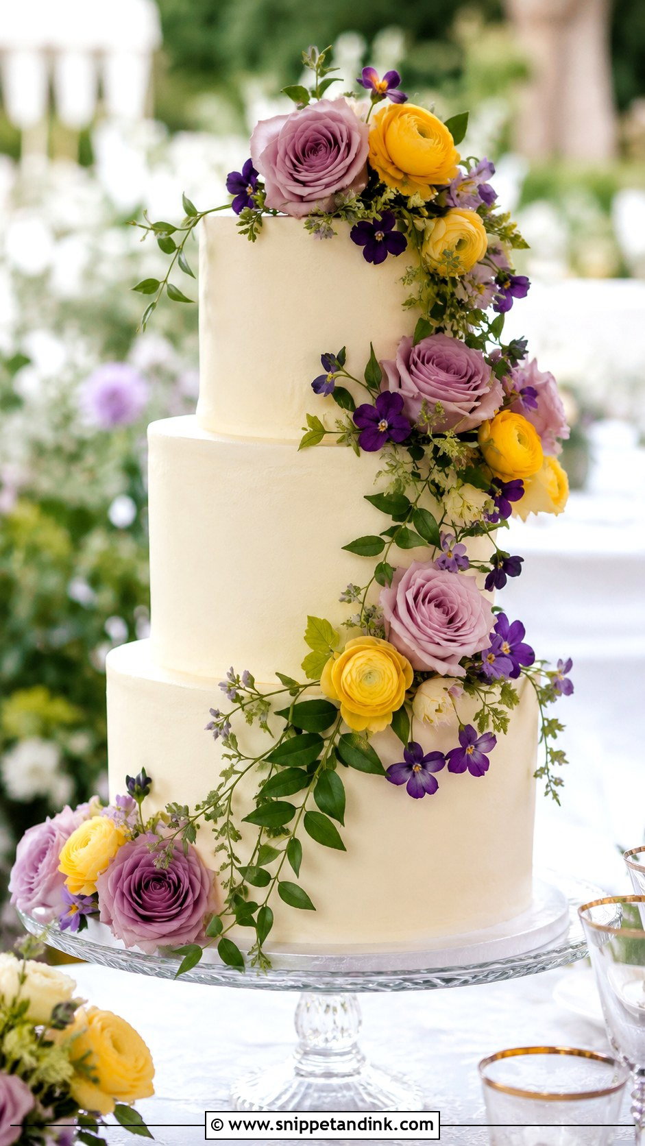 Purple And Yellow Floral Wedding Cake - Snippet and Ink - 20 Purple and Yellow Wedding Cake Ideas