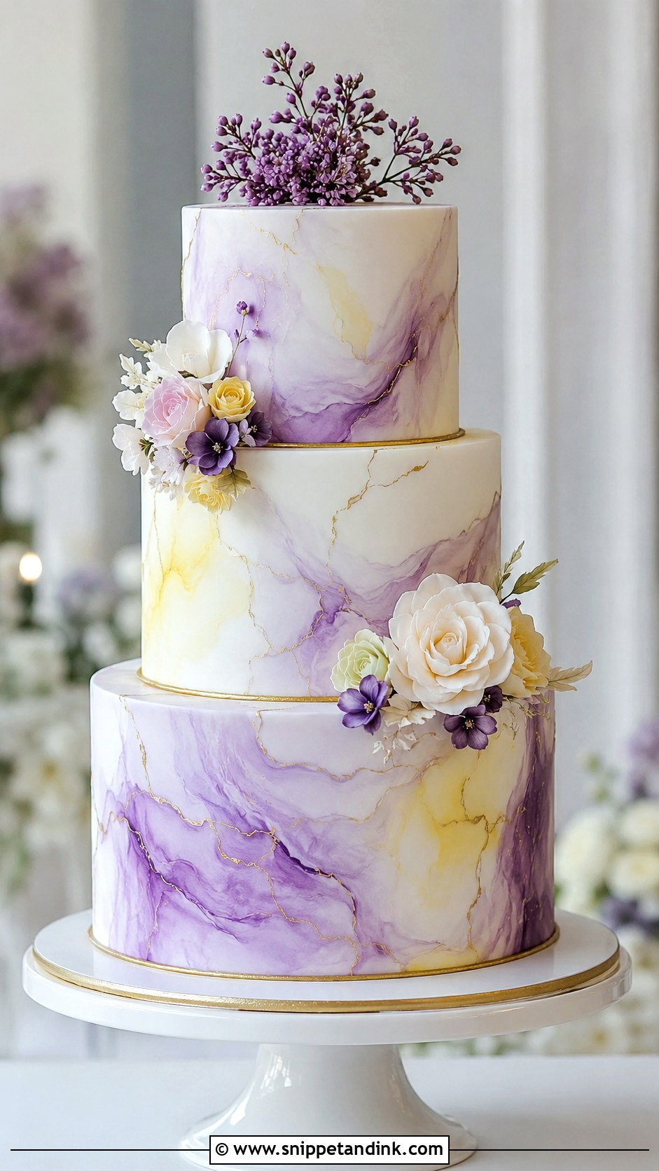 Purple And Yellow Marble Wedding Cake - Snippet and Ink - 20 Purple and Yellow Wedding Cake Ideas