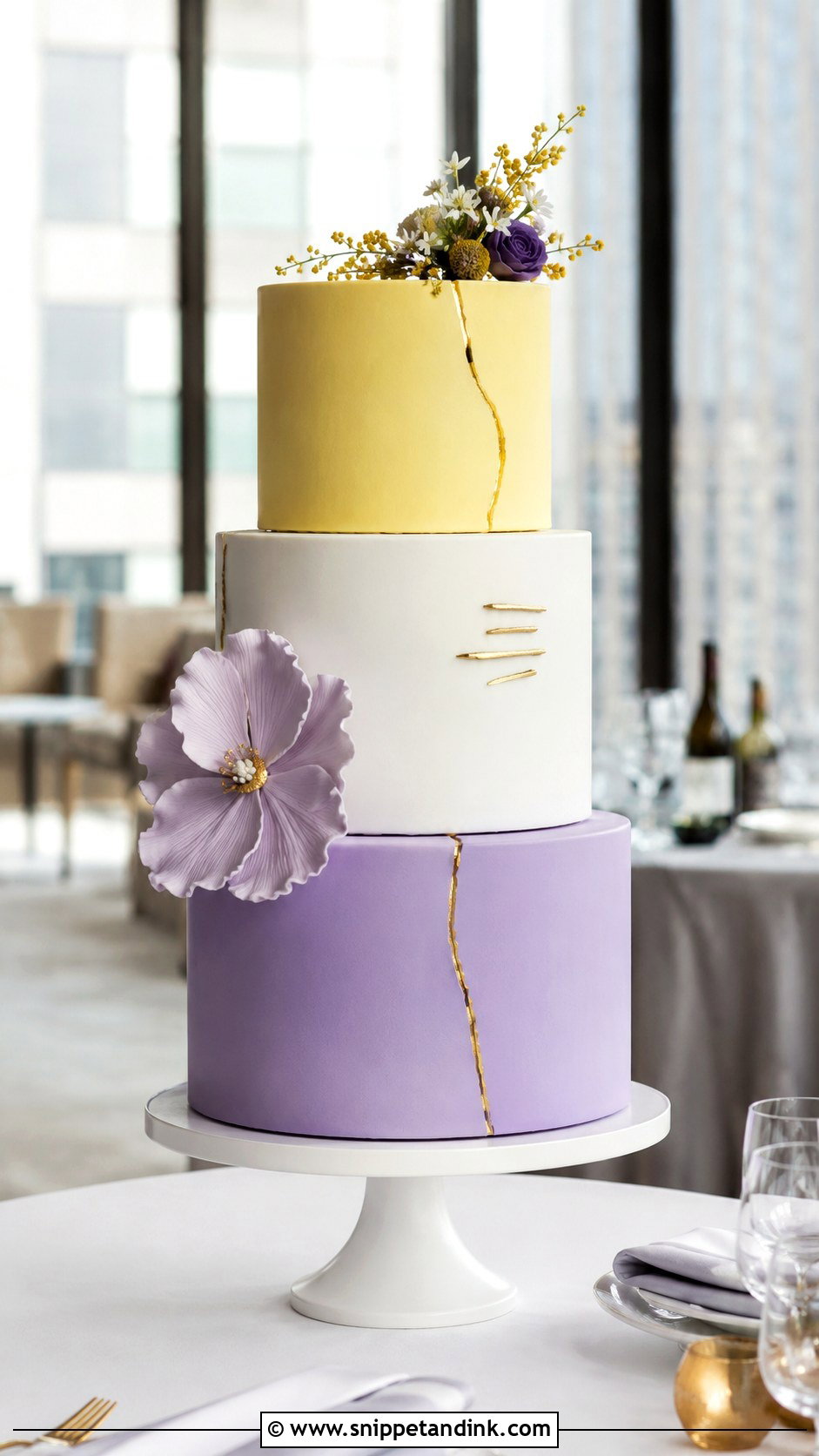 Purple And Yellow Modern Wedding Cake - Snippet and Ink - 20 Purple and Yellow Wedding Cake Ideas