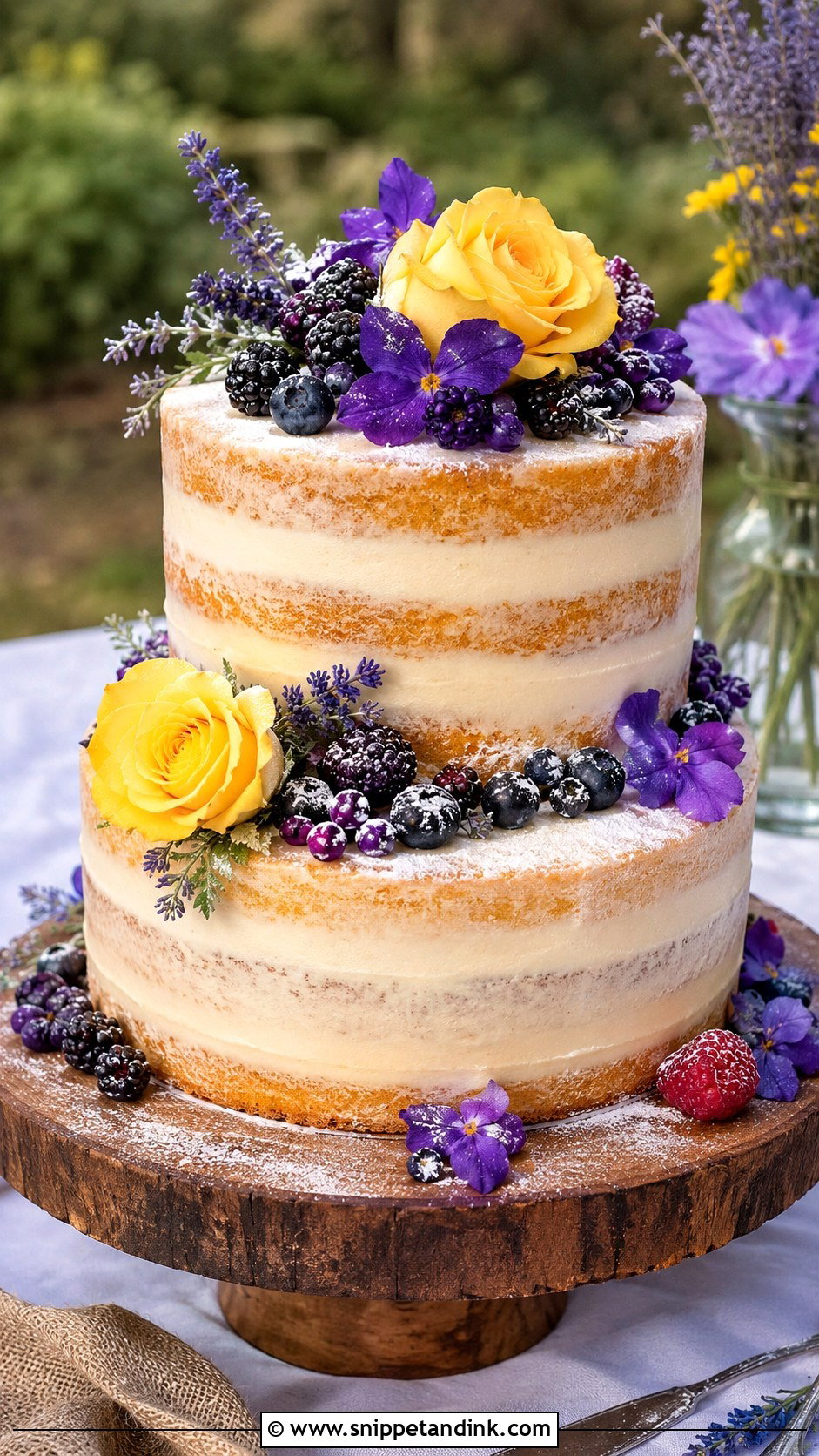 Purple And Yellow Naked Wedding Cake - Snippet and Ink - 20 Purple and Yellow Wedding Cake Ideas