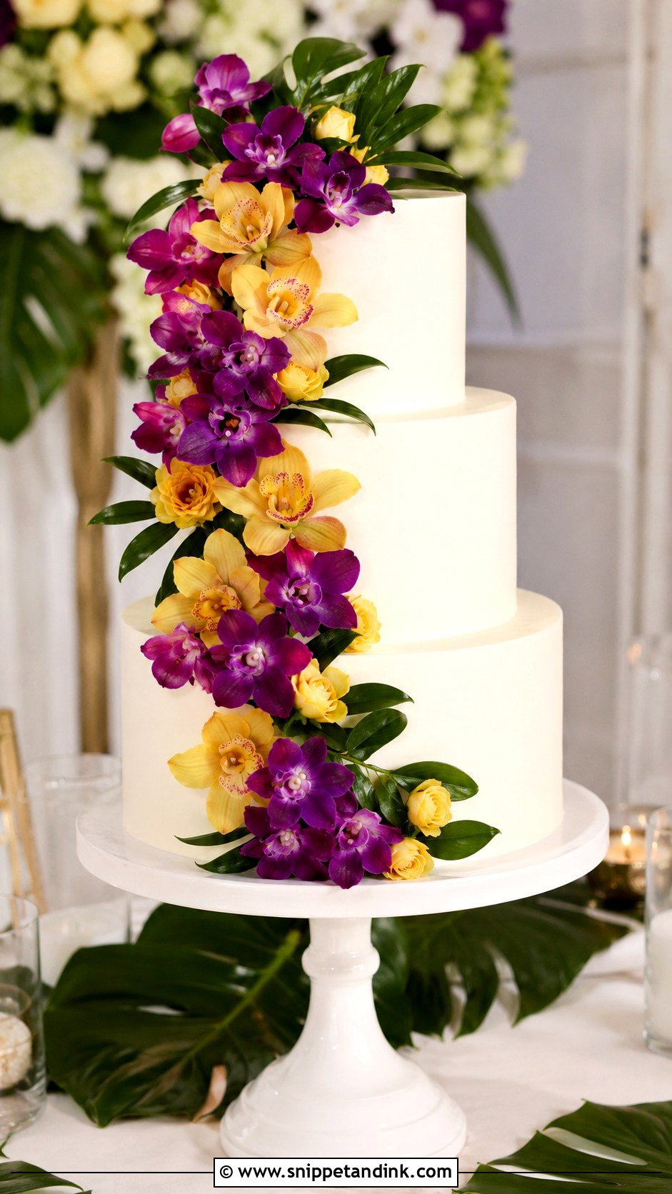 Purple And Yellow Orchid Wedding Cake - Snippet and Ink - 20 Purple and Yellow Wedding Cake Ideas