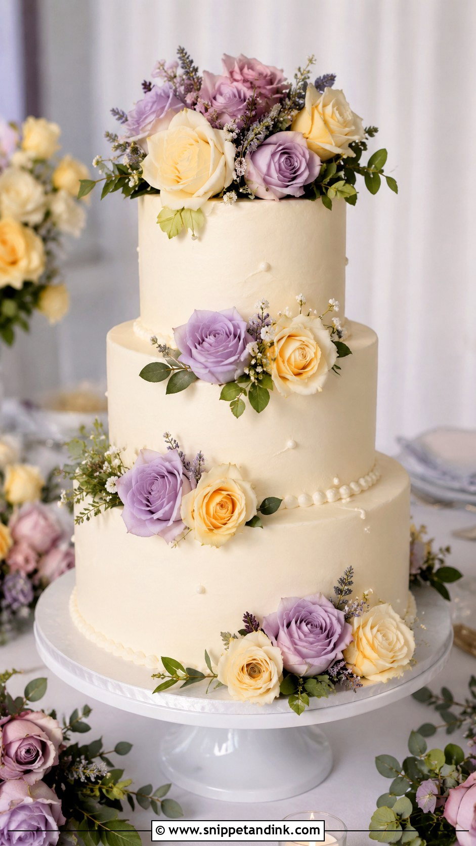 Purple And Yellow Rose Wedding Cake - Snippet and Ink - 20 Purple and Yellow Wedding Cake Ideas