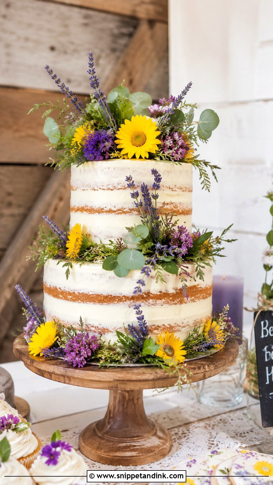 Purple And Yellow Rustic Wedding Cake - Snippet and Ink - 20 Purple and Yellow Wedding Cake Ideas
