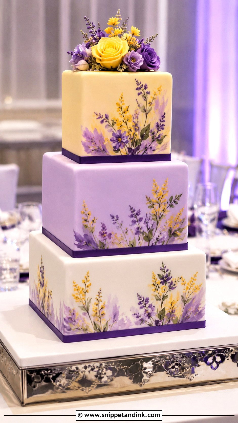 Purple And Yellow Square Wedding Cake - Snippet and Ink - 20 Purple and Yellow Wedding Cake Ideas
