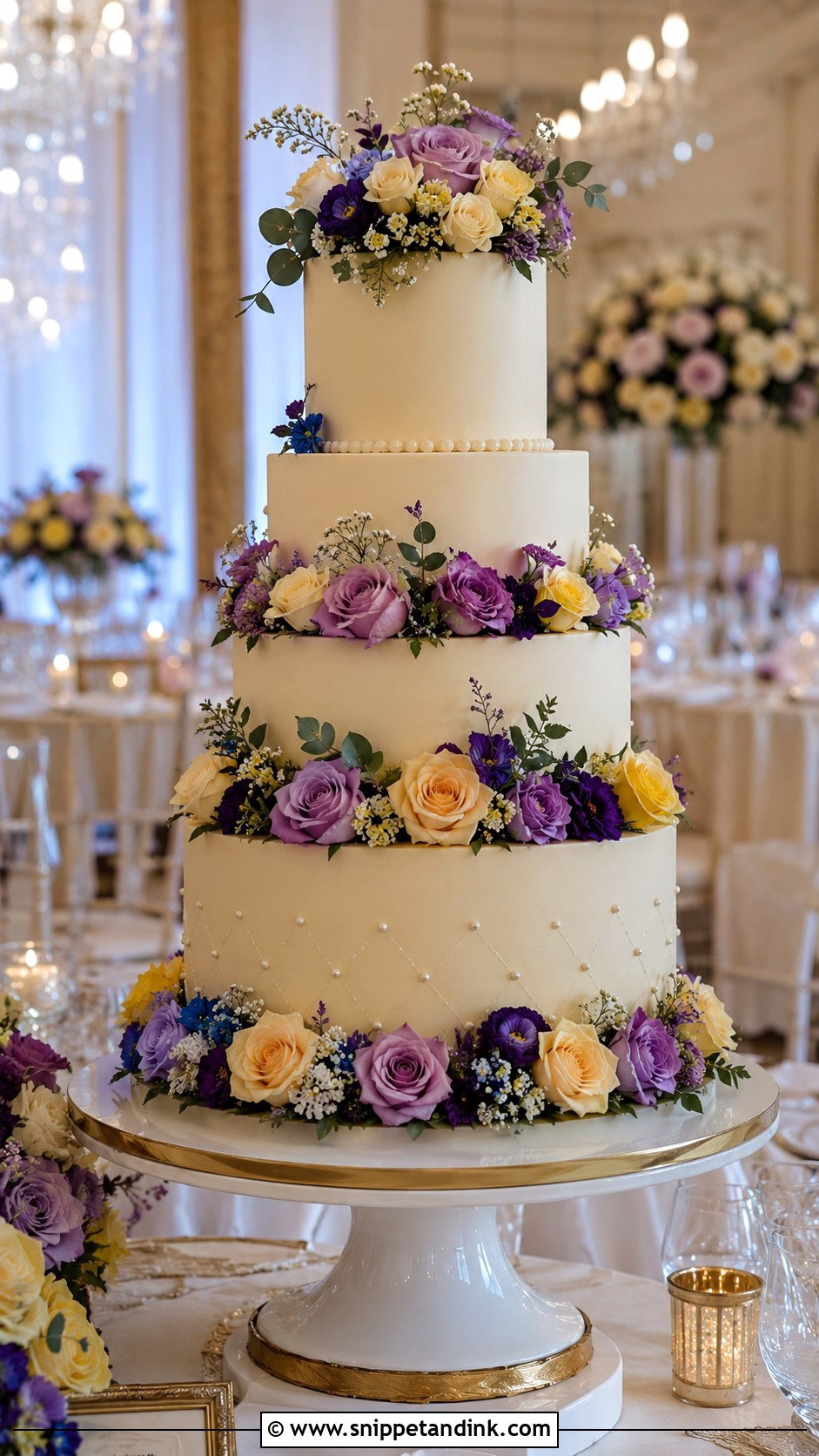 Purple And Yellow Tiered Wedding Cake - Snippet and Ink - 20 Purple and Yellow Wedding Cake Ideas