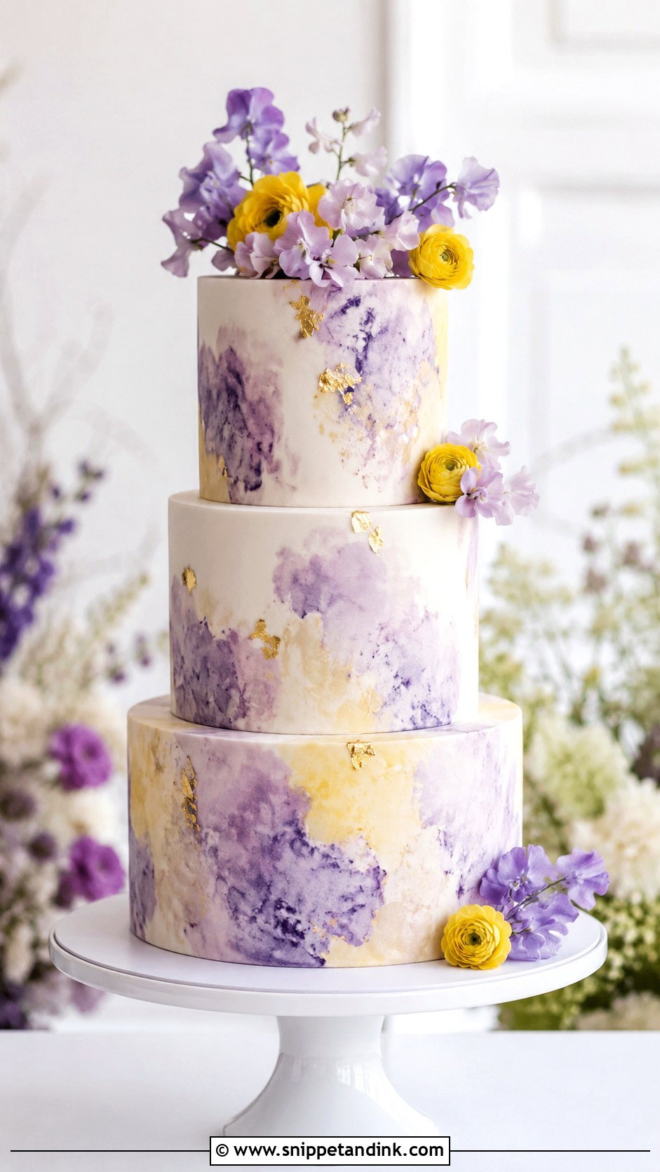 Purple And Yellow Watercolor Wedding Cake - Snippet and Ink - 20 Purple and Yellow Wedding Cake Ideas
