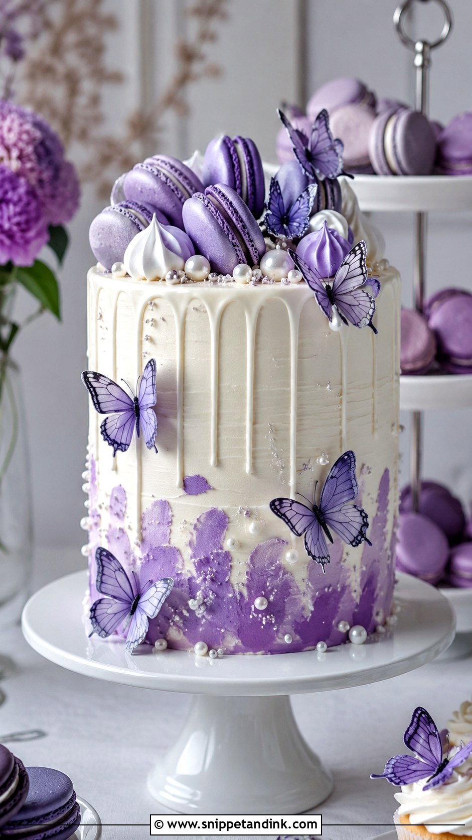 Purple Butterfly Cake With Macarons - Snippet and Ink - 20 Purple Butterfly Cake Ideas for Wedding