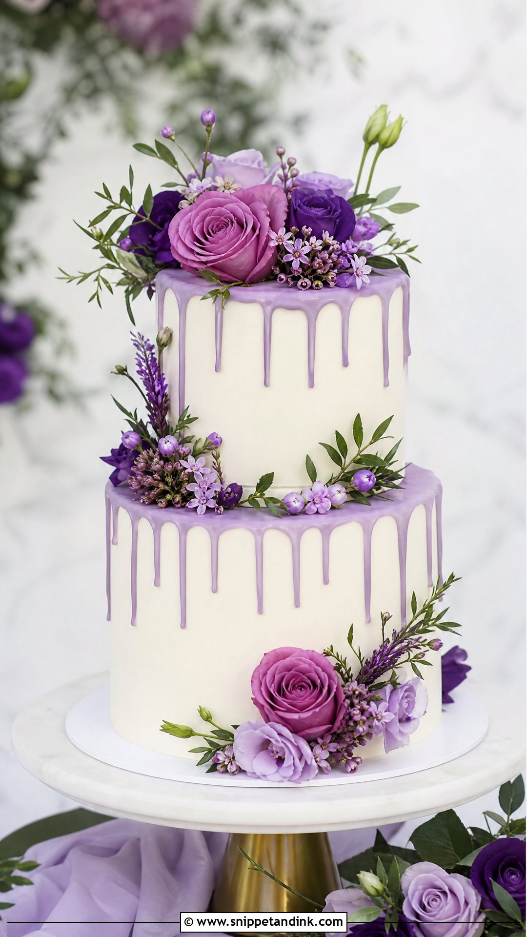 Purple Floral Drip Wedding Cake - Snippet and Ink - 25 Purple Flower Cake Ideas for Wedding