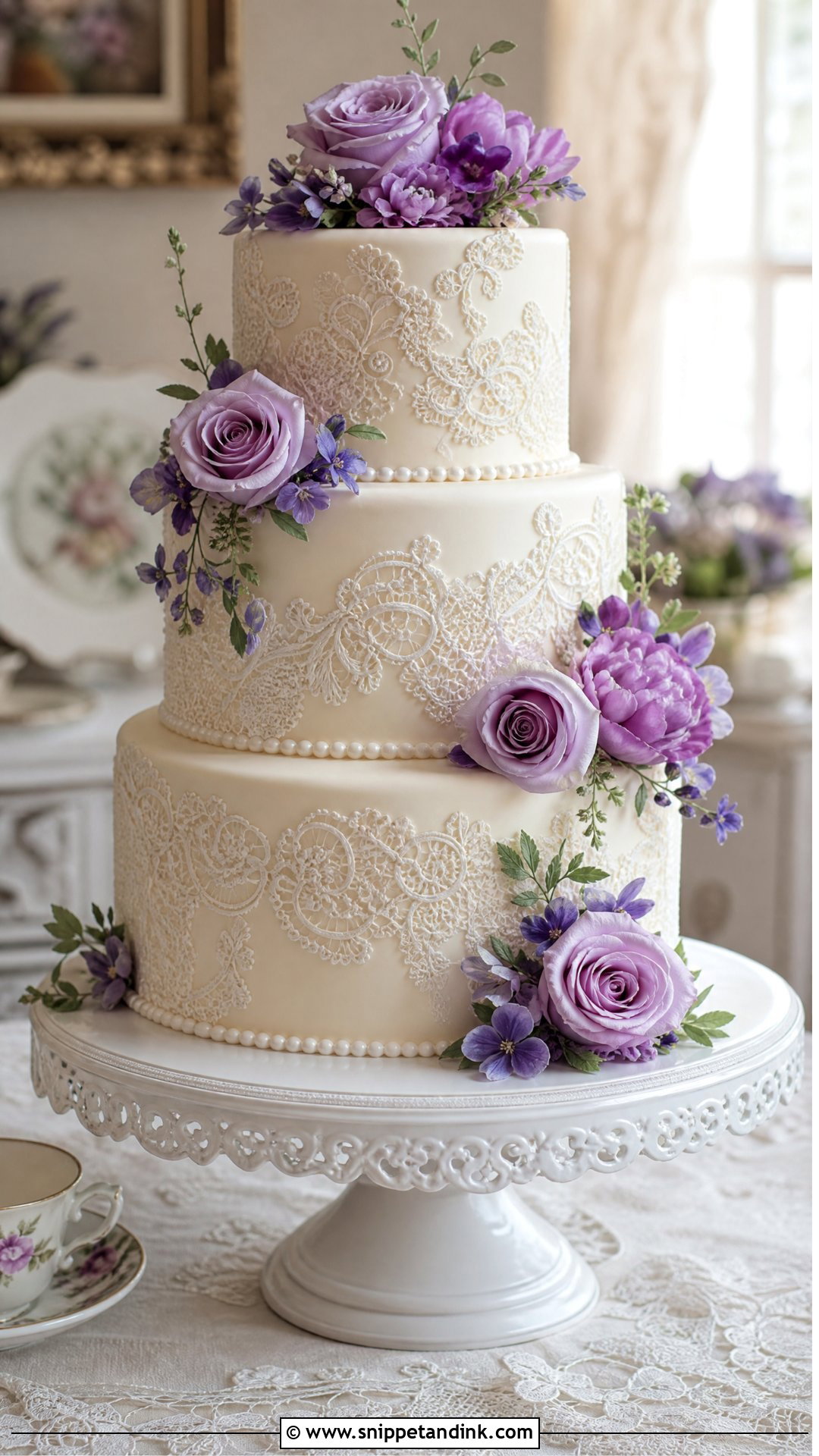 Purple Floral Lace Wedding Cake - Snippet and Ink - 25 Purple Flower Cake Ideas for Wedding