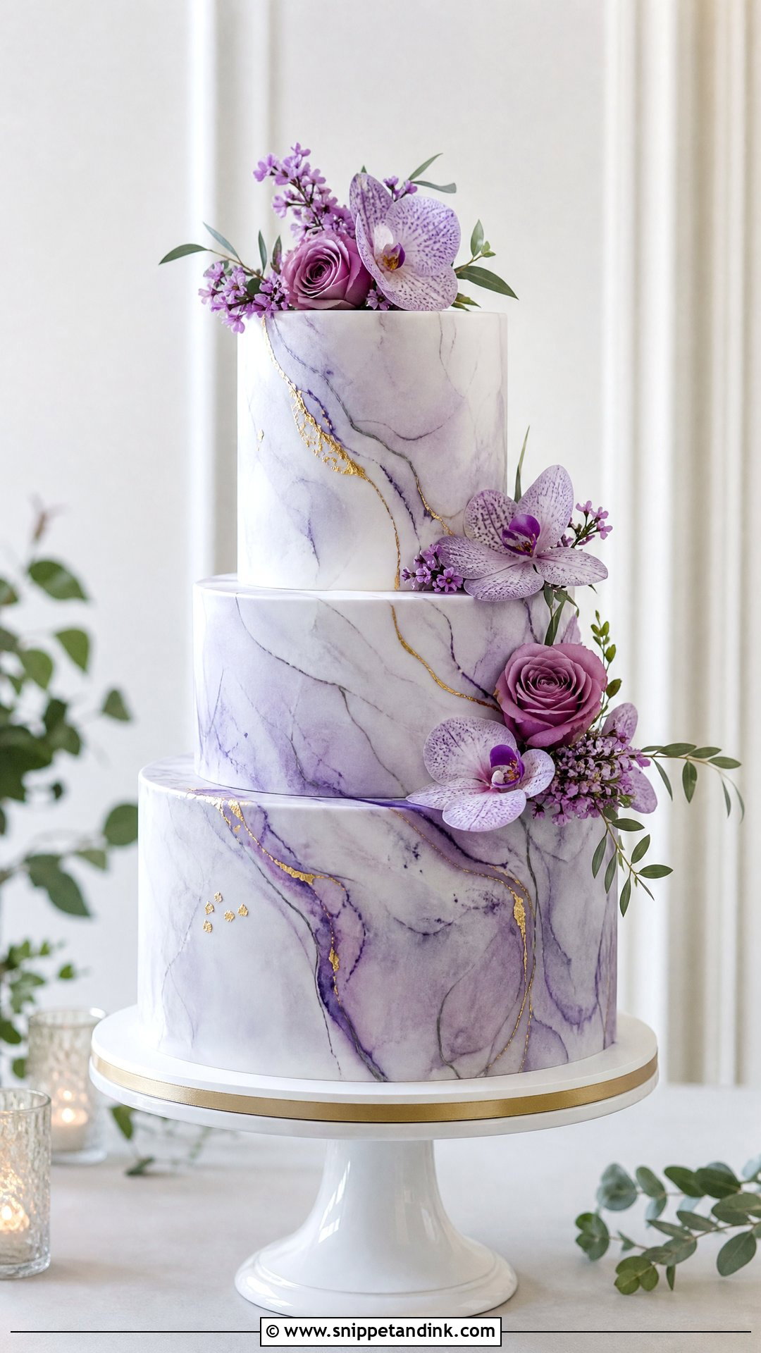 Purple Floral Marble Wedding Cake - Snippet and Ink - 25 Purple Flower Cake Ideas for Wedding