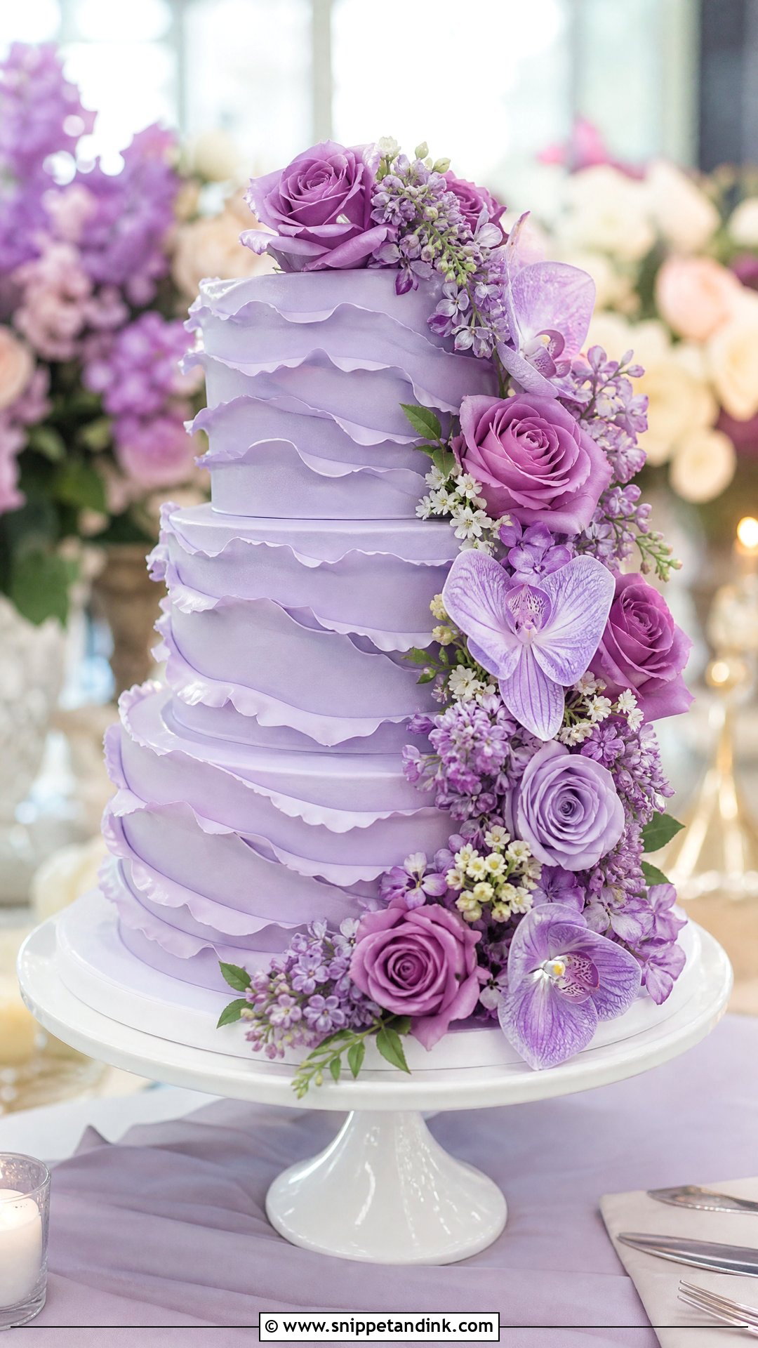 Purple Floral Ruffle Wedding Cake - Snippet and Ink - 25 Purple Flower Cake Ideas for Wedding