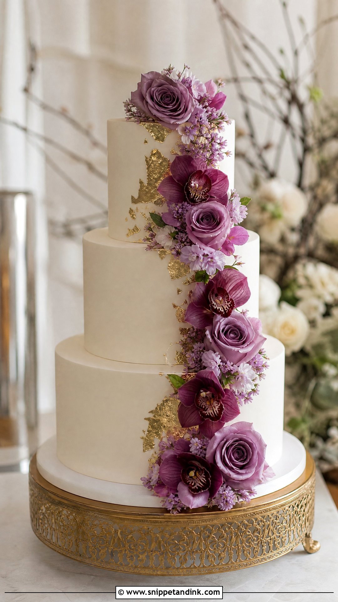 Purple Flower Cake With Gold Leaf - Snippet and Ink - 25 Purple Flower Cake Ideas for Wedding
