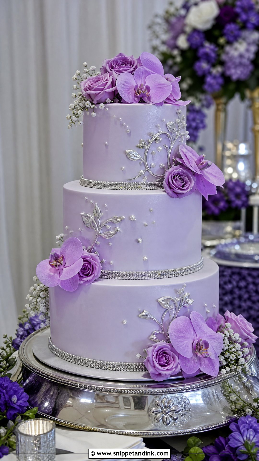 Purple Flower Cake With Silver Details - Snippet and Ink - 25 Purple Flower Cake Ideas for Wedding