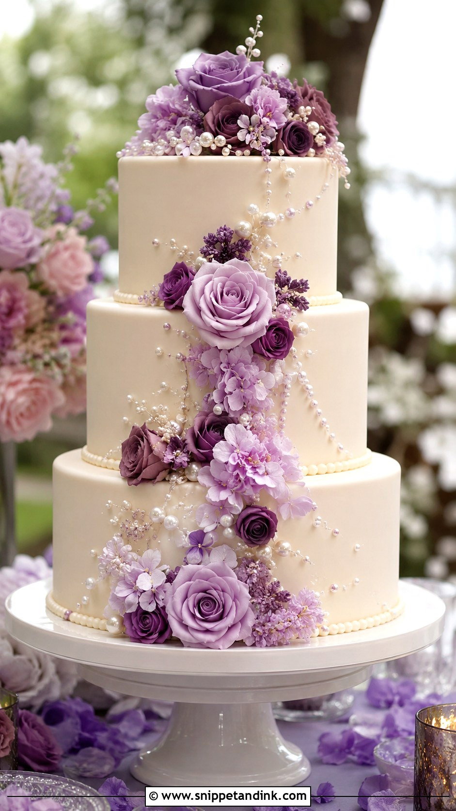Purple Flower Wedding Cake With Pearls - Snippet and Ink - 30 Wedding Cake Ideas with Flowers and Pearls