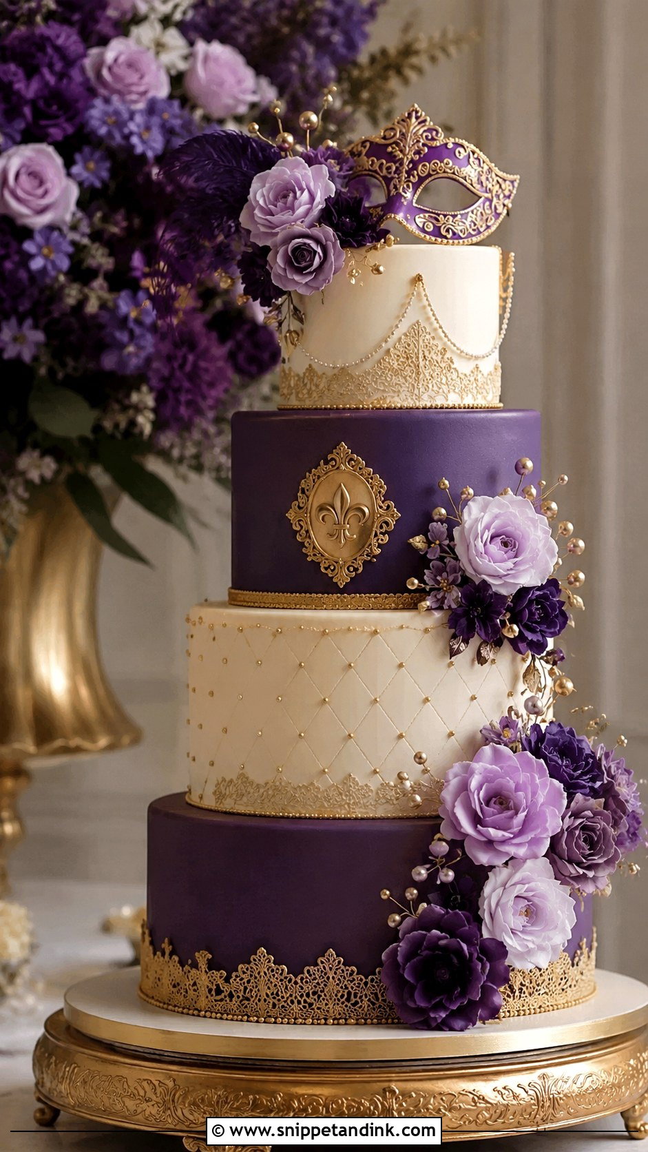 Purple Masquerade Wedding Cake - Snippet and Ink - 20 Masquerade Wedding Cake Ideas