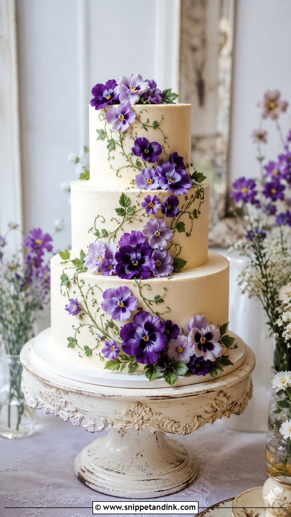 Purple Pansy Wedding Cake - Snippet and Ink - 20 Pansy Wedding Cake Ideas