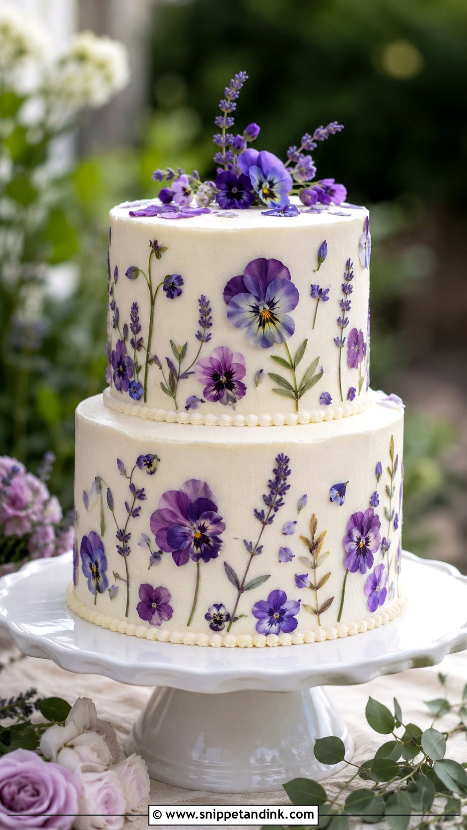 Purple Pressed Flower Two Tier Wedding Cake - Snippet and Ink - 20 Purple Two Tier Cake Ideas for Wedding