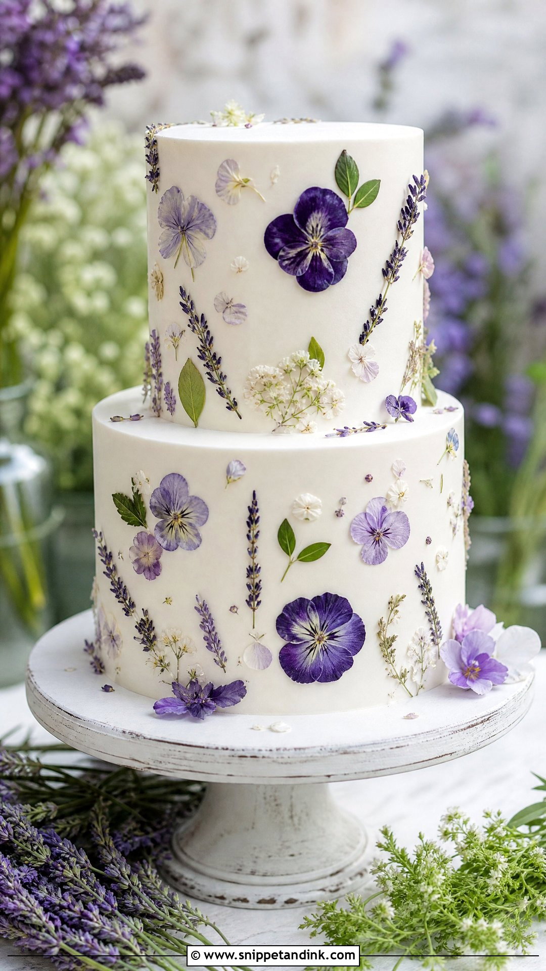 Purple Pressed Flower Wedding Cake - Snippet and Ink - 25 Purple Flower Cake Ideas for Wedding