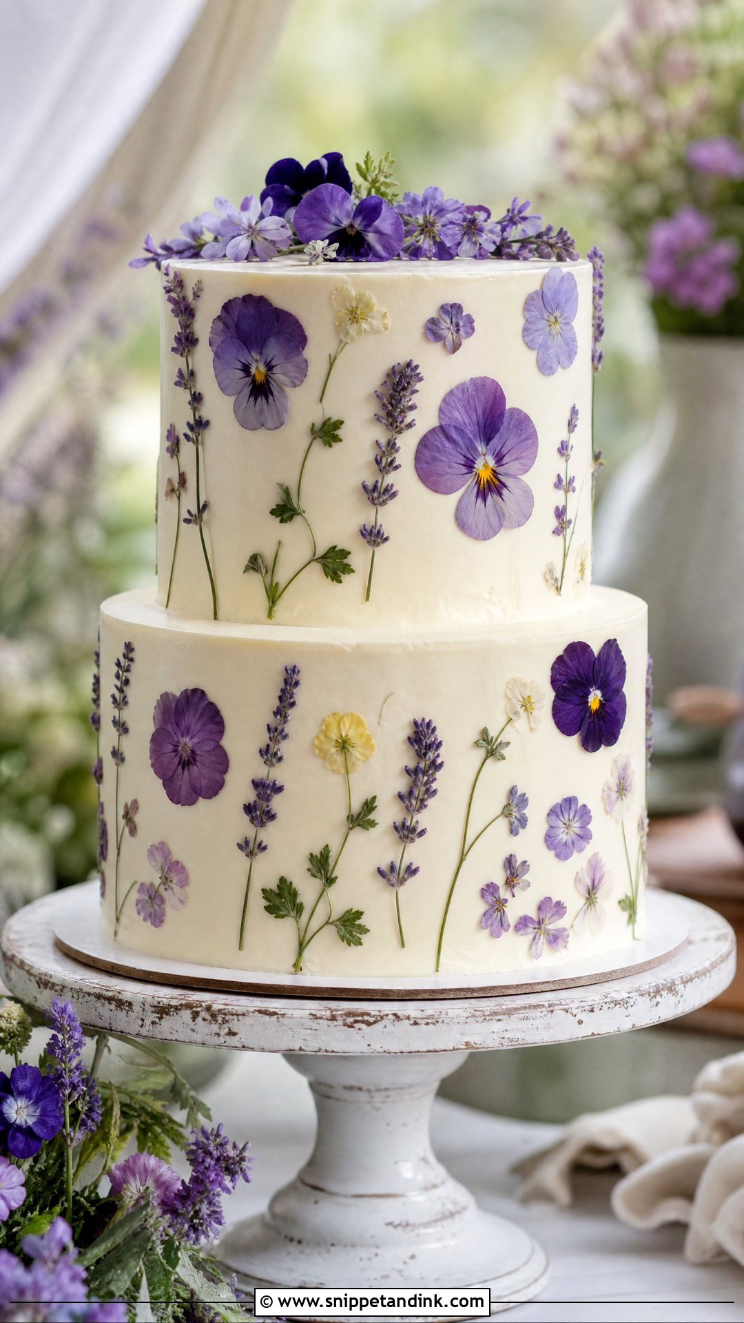 Purple Pressed Flower Wedding Cake - Snippet and Ink - 25 Purple Cake Aesthetic Ideas for Wedding