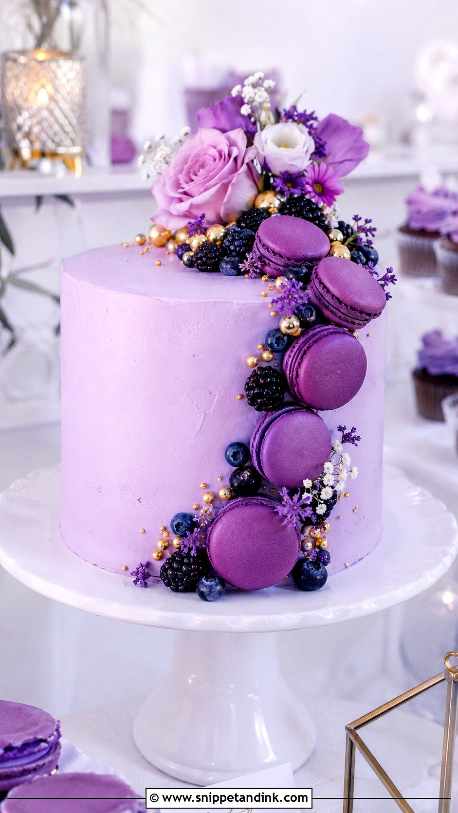 Purple Round Wedding Cake With Macarons - Snippet and Ink - 20 Purple Round Cake Ideas for Wedding