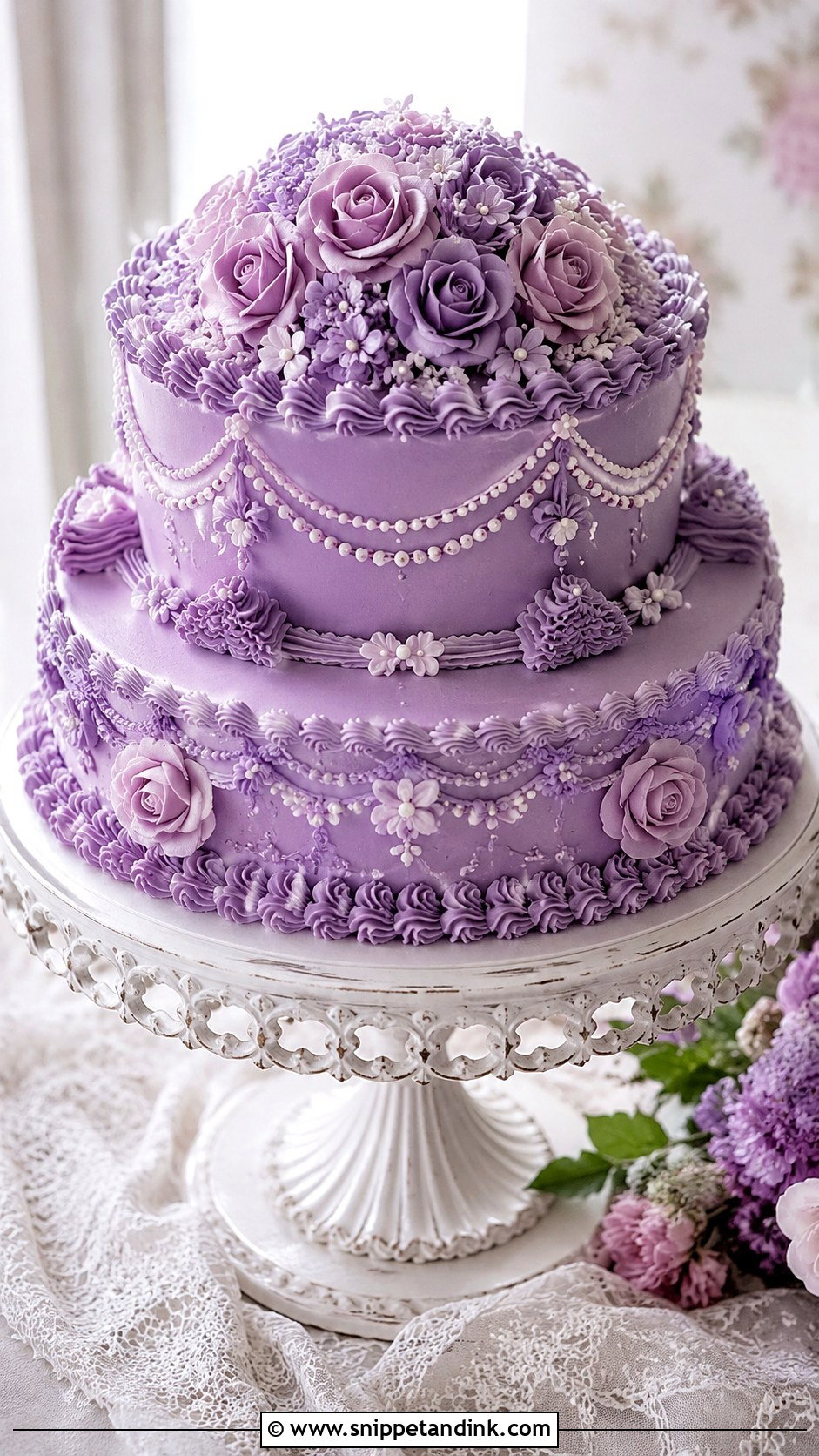 Purple Round Wedding Cake With Vintage Piping - Snippet and Ink - 20 Purple Round Cake Ideas for Wedding