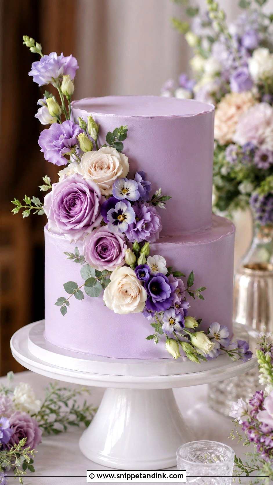 Purple Two Tier Wedding Cake With Fresh Flowers - Snippet and Ink - 20 Purple Two Tier Cake Ideas for Wedding