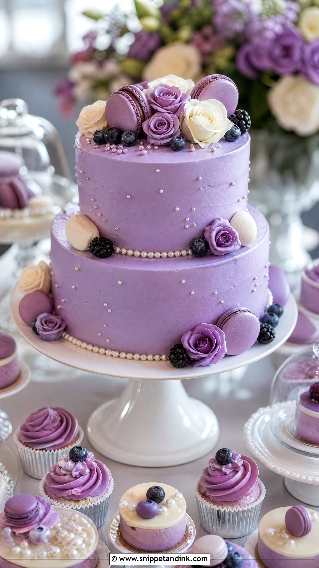 Purple Wedding Cake With Macarons - Snippet and Ink - 25 Purple Cake Aesthetic Ideas for Wedding