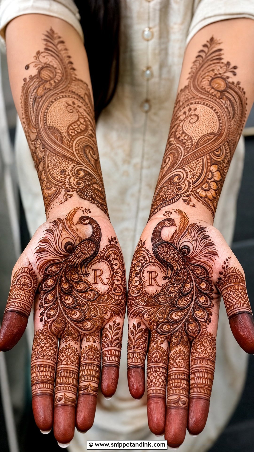R Name Mehndi Design With Peacock - Snippet and Ink - 20 R Name Mehndi Design Ideas