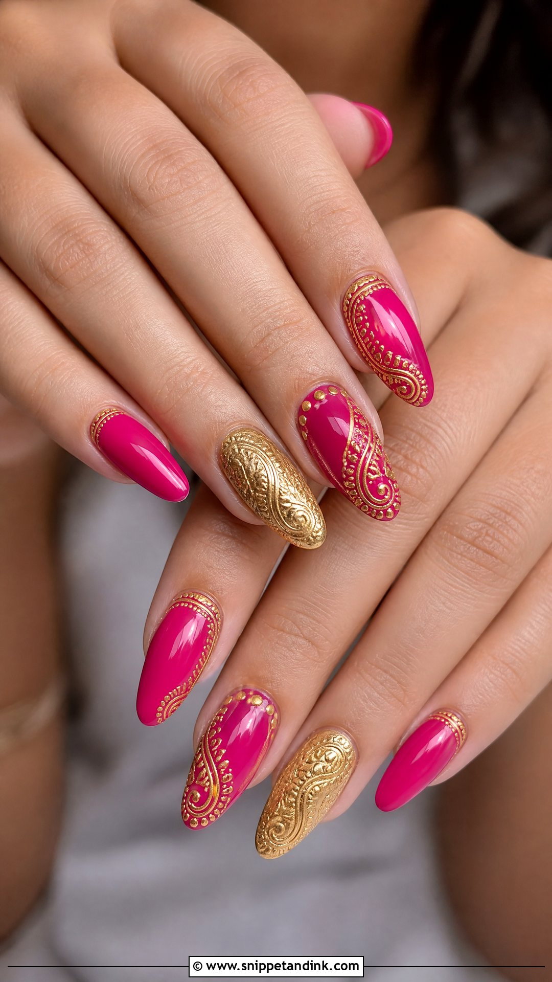 Rani Pink Bridal Nails With Gold Art - Snippet and Ink - 25 Indian Pink Bridal Nail Art Ideas