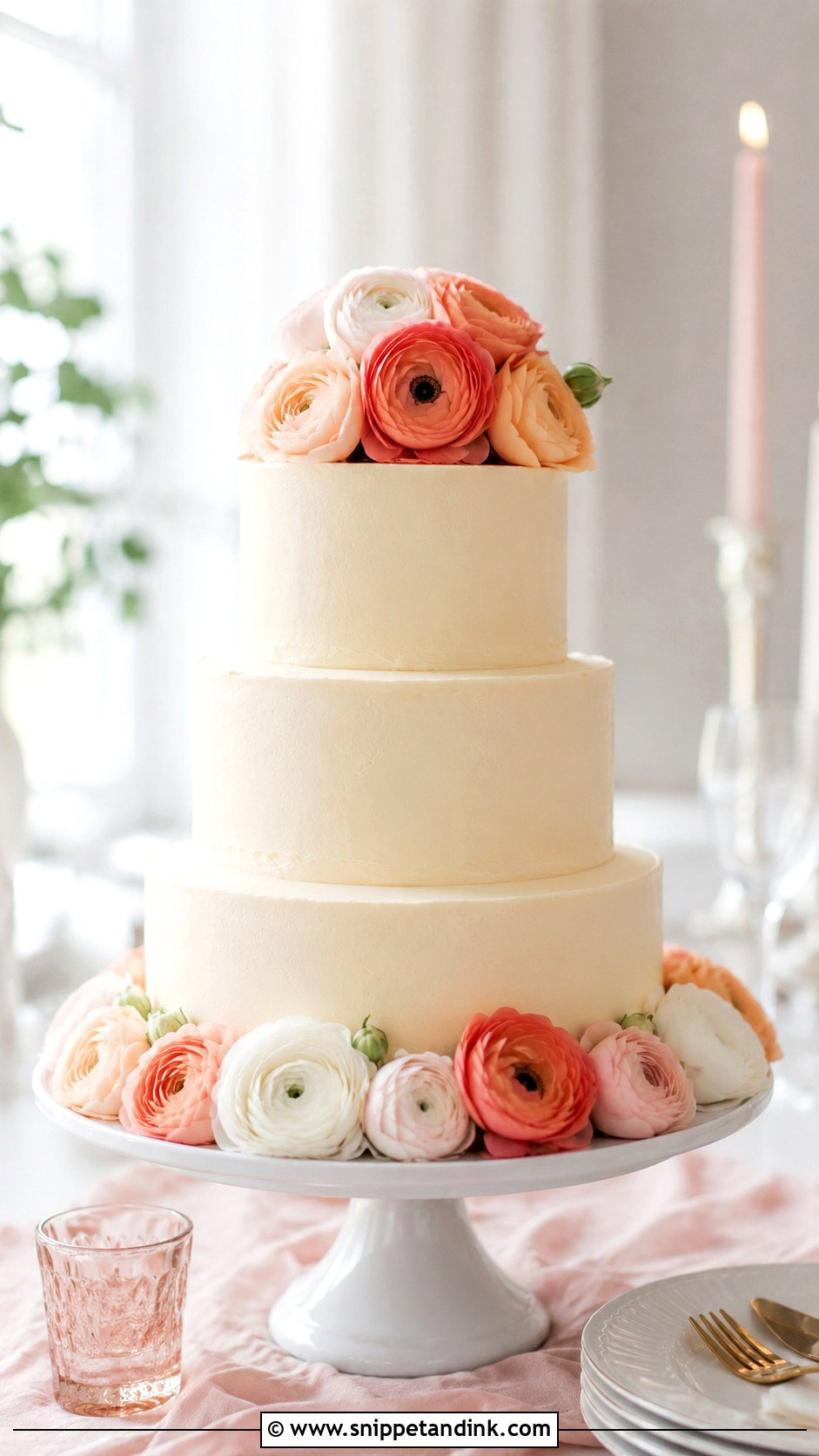 Ranunculus Wedding Cake - Snippet and Ink - 20 Flowers Around Cake Ideas for Wedding