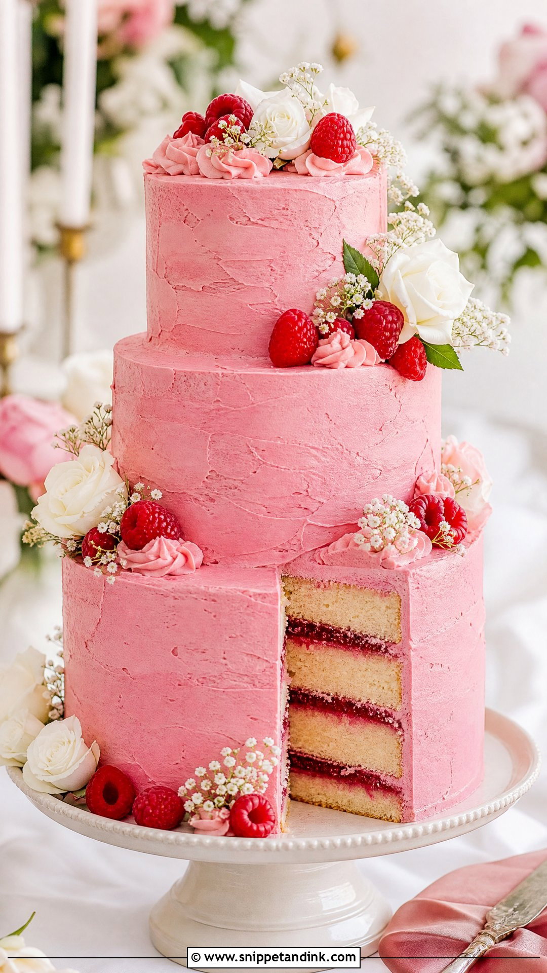 Raspberry Buttercream Wedding Cake - Snippet and Ink - 20 Raspberry Wedding Cake Ideas