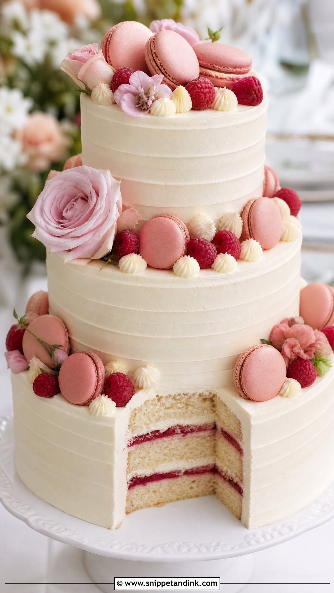 Raspberry Macaron Wedding Cake - Snippet and Ink - 20 Raspberry Wedding Cake Ideas