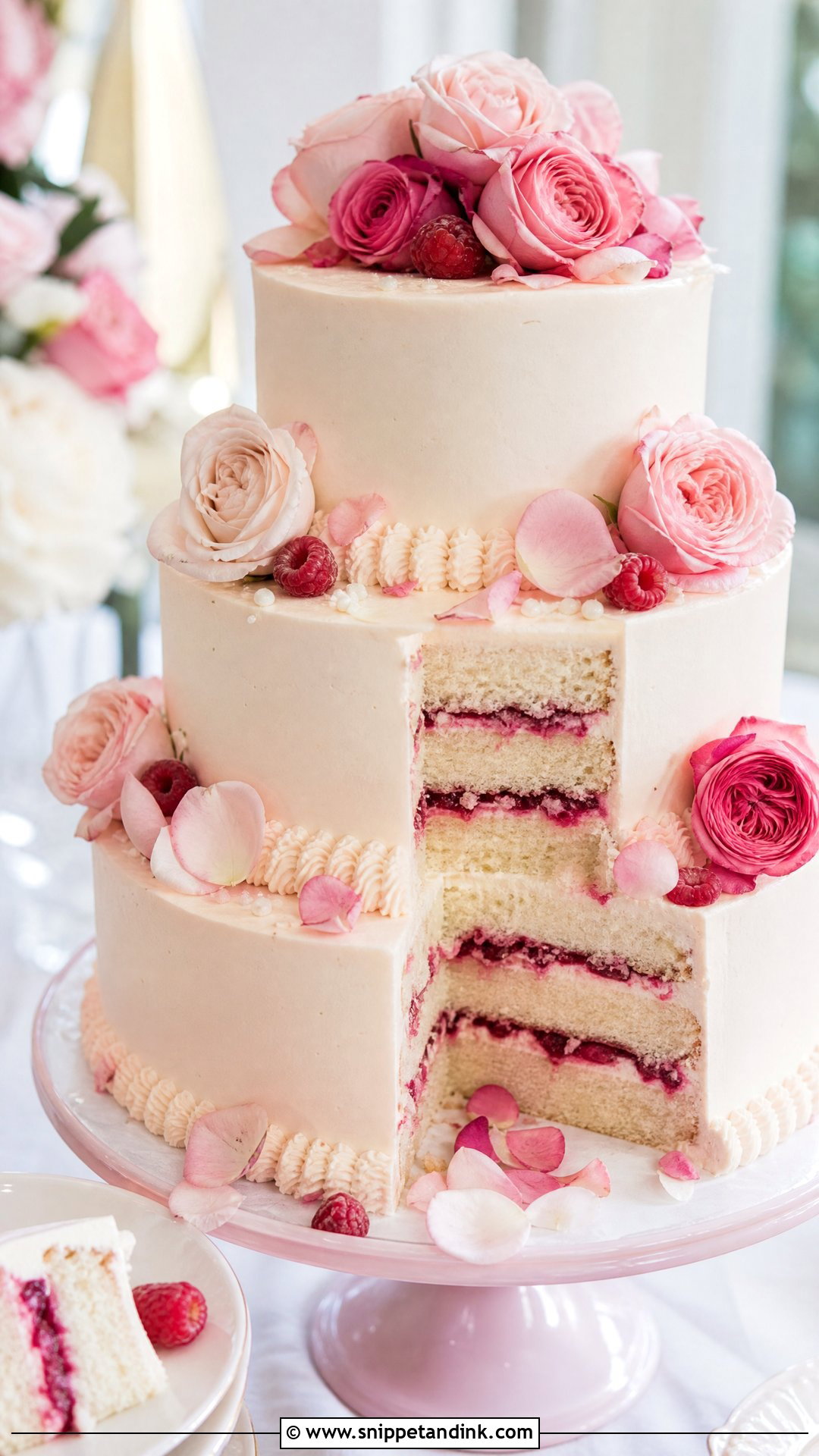 Raspberry Rose Wedding Cake - Snippet and Ink - 20 Raspberry Wedding Cake Ideas