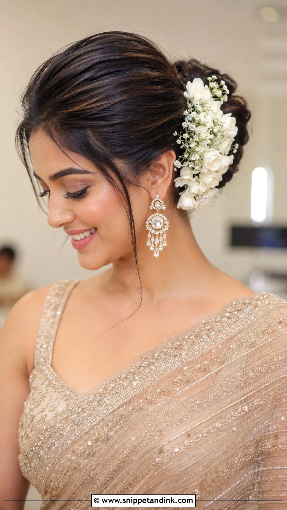 Reception Bun With Side Flowers - Snippet and Ink - 25 Telugu Bride Hairstyles