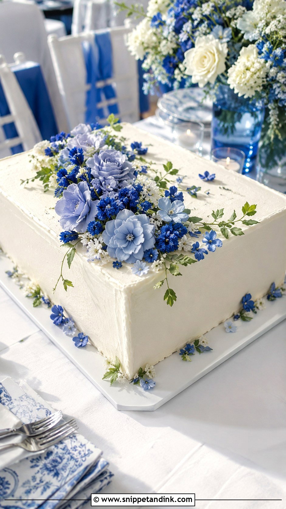 Rectangle Wedding Cake With Blue Flowers - Snippet and Ink - 20 Rectangle Cake Ideas with Flowers for Wedding