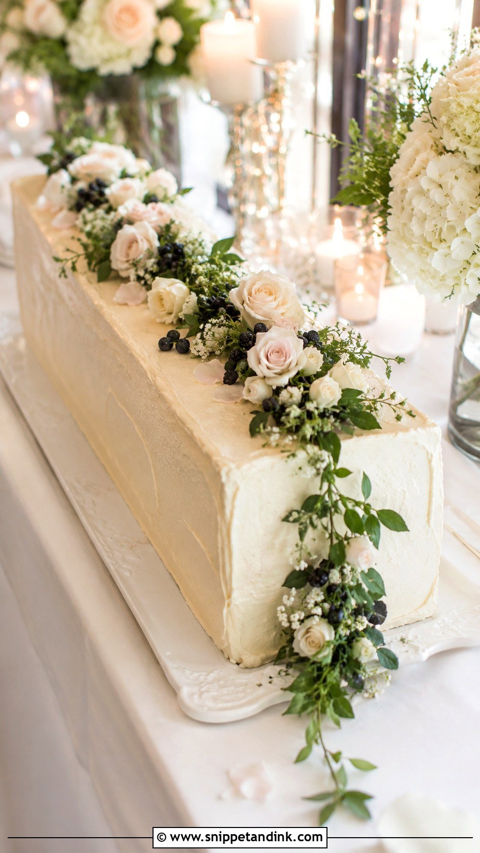 Rectangle Wedding Cake With Floral Garland - Snippet and Ink - 20 Rectangle Cake Ideas with Flowers for Wedding
