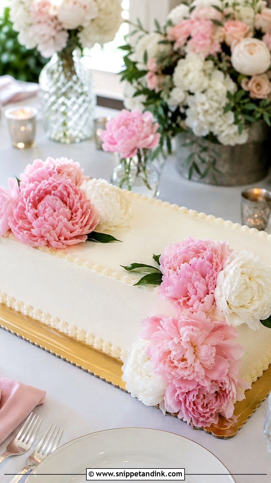 Rectangle Wedding Cake With Peonies - Snippet and Ink - 20 Rectangle Cake Ideas with Flowers for Wedding