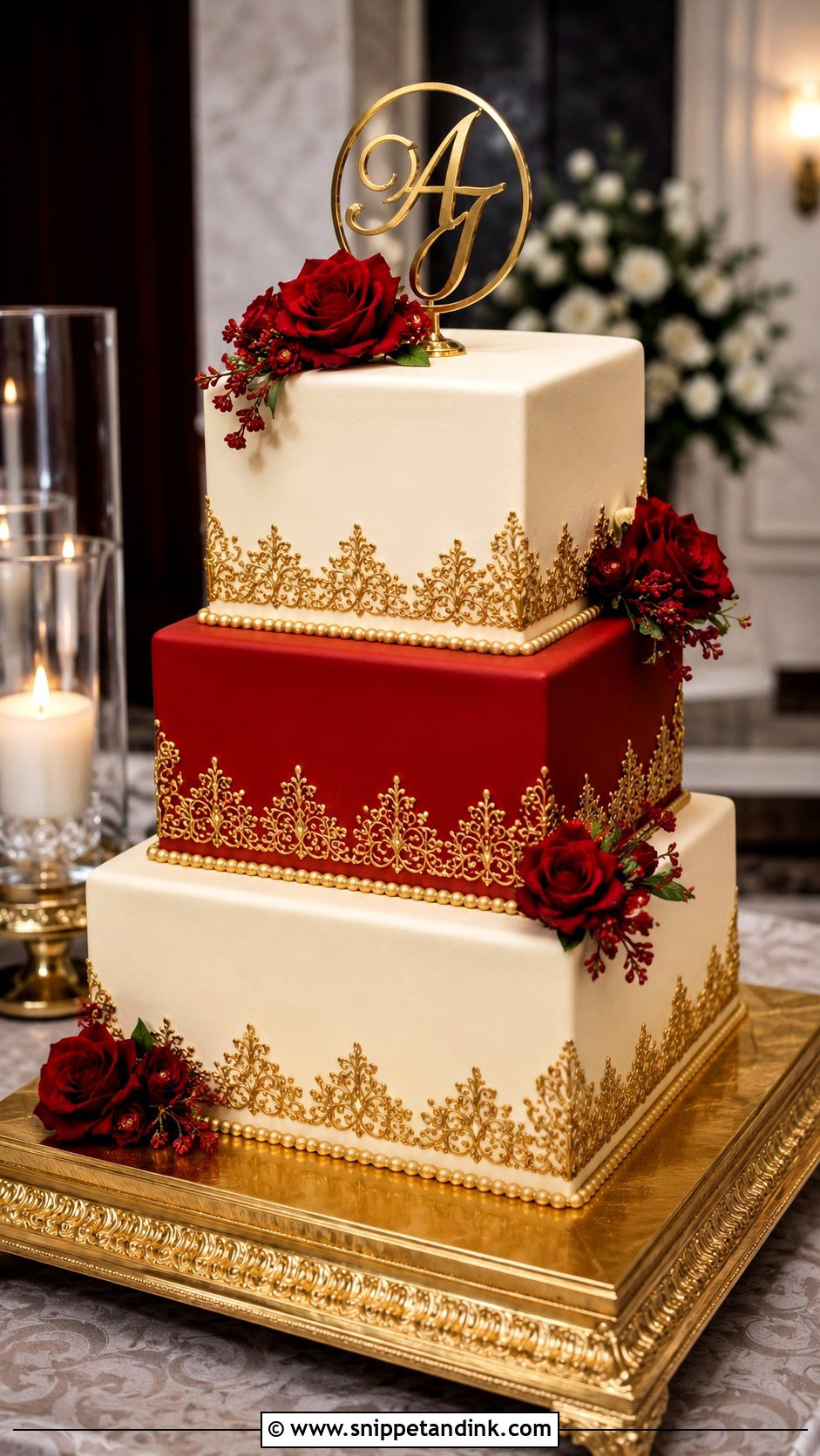 Red And Gold Square Wedding Cake - Snippet and Ink - 20 Red and Gold Cakes for Wedding