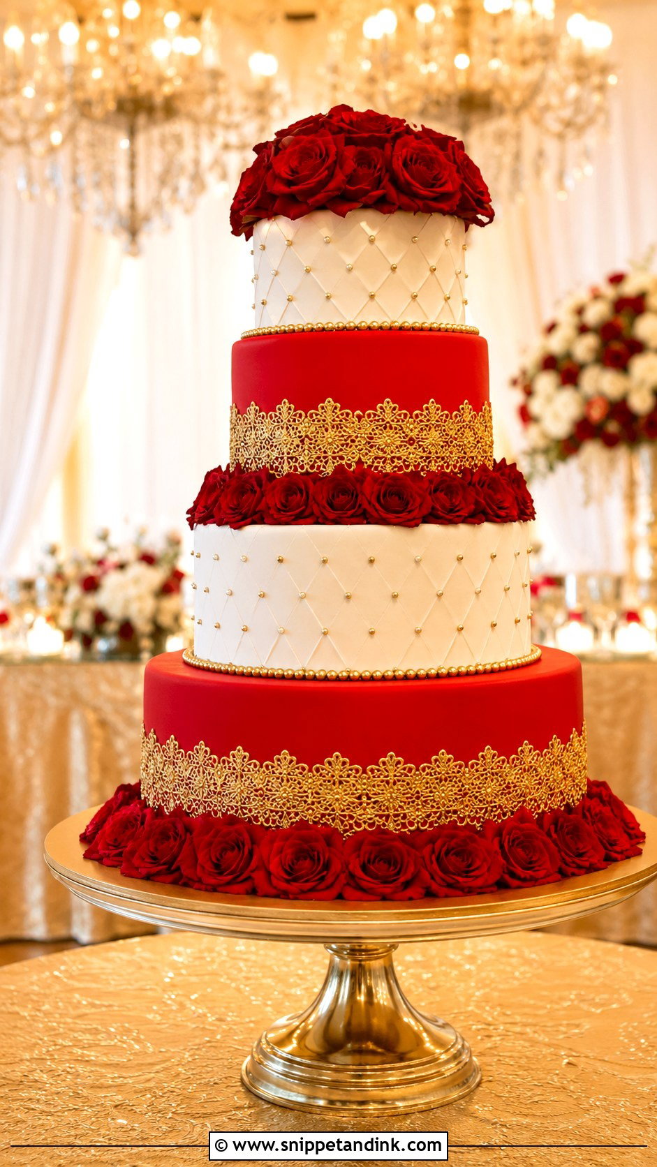 Red And Gold Tiered Wedding Cake - Snippet and Ink - 20 Red and Gold Cakes for Wedding