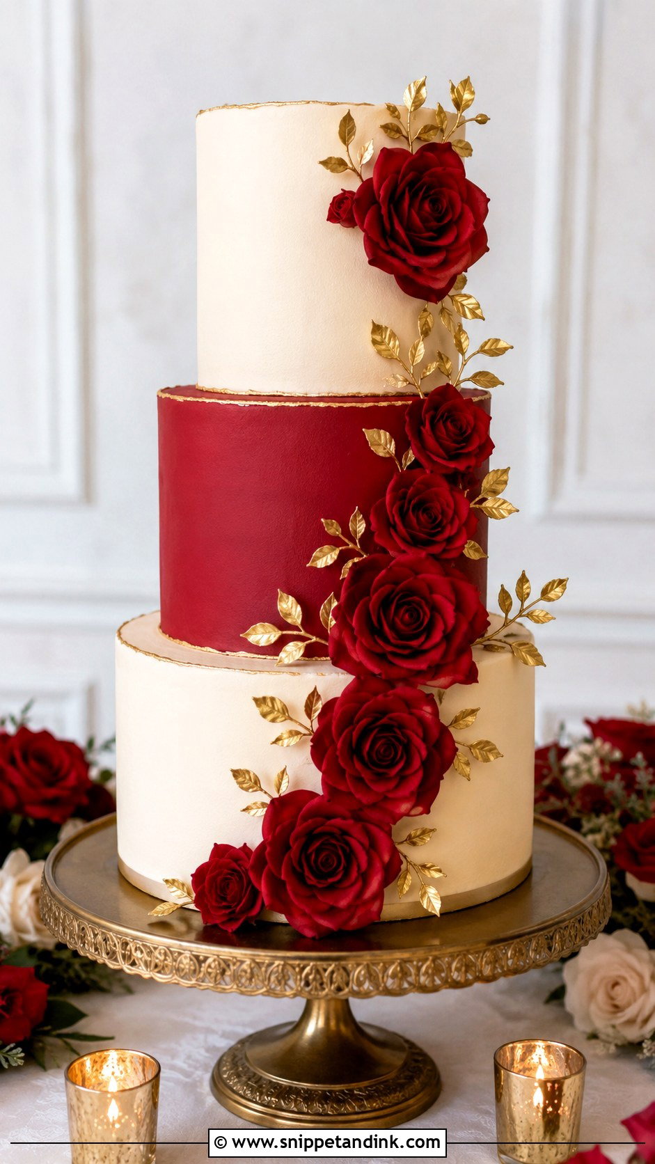 Red And Gold Wedding Cake With Roses - Snippet and Ink - 20 Red and Gold Cakes for Wedding