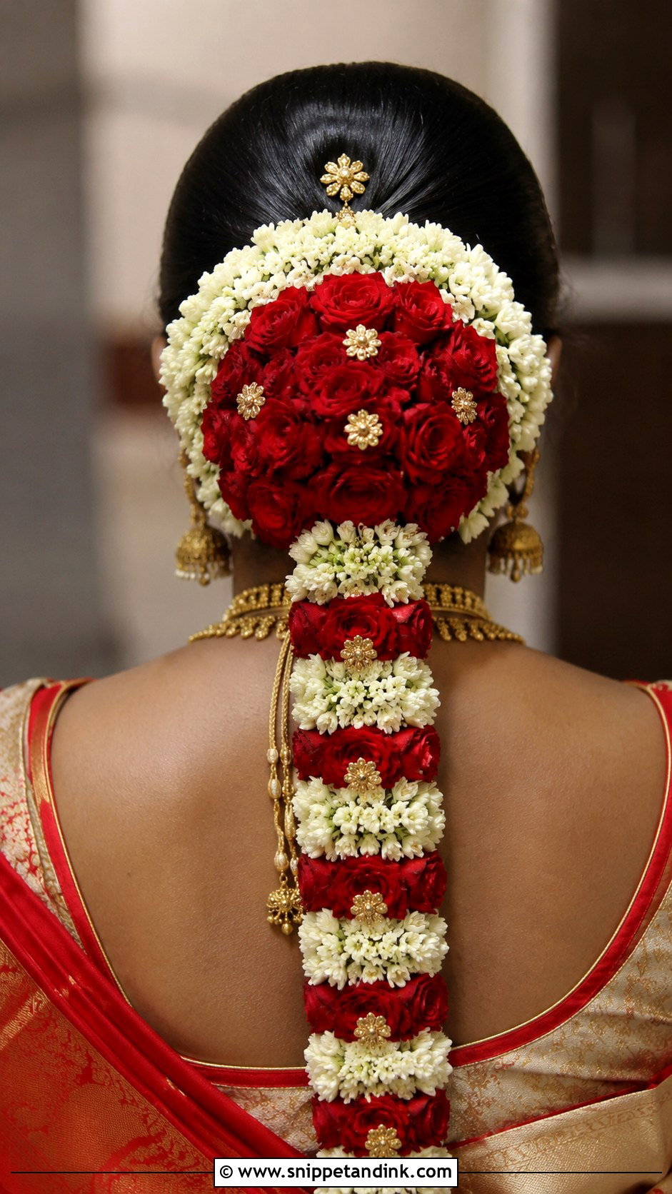 Red And White Poola Jada Bridal Hairstyle - Snippet and Ink - 15 Poola Jadalu Bridal Hairstyles