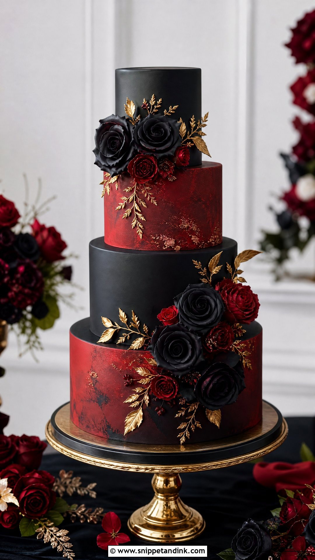 Red Black And Gold Wedding Cake With Black Roses - Snippet and Ink - 20 Red Black and Gold Cake Ideas for Wedding