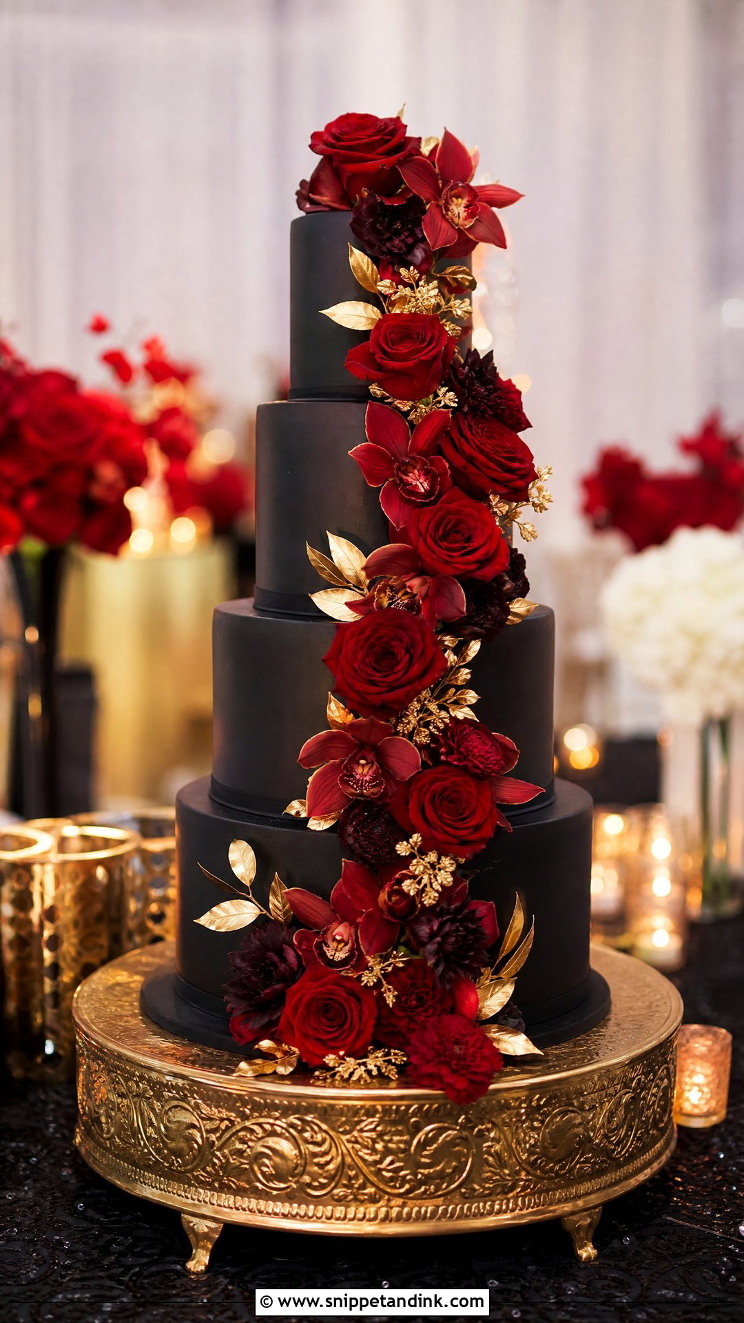 Red Black And Gold Wedding Cake With Cascading Flowers - Snippet and Ink - 20 Red Black and Gold Cake Ideas for Wedding