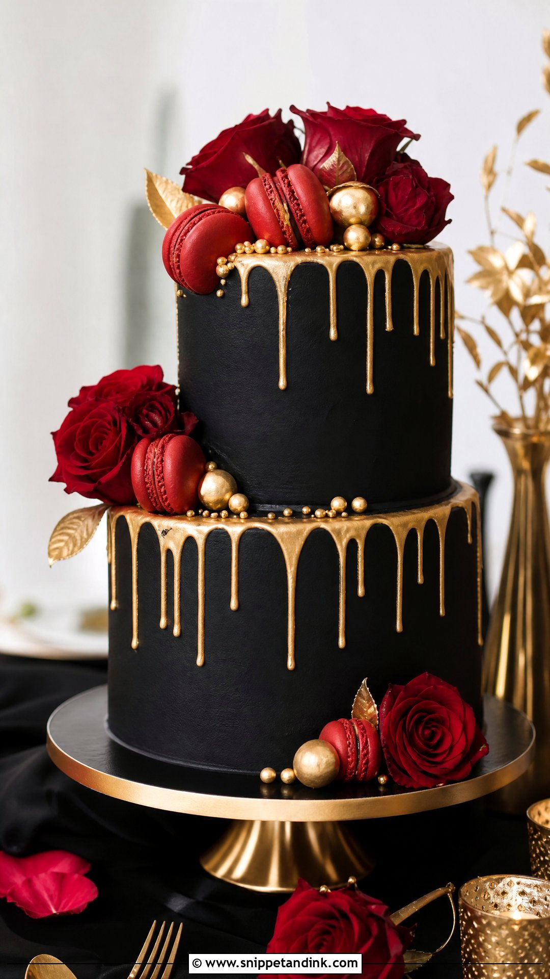 Red Black And Gold Wedding Cake With Drip - Snippet and Ink - 20 Red Black and Gold Cake Ideas for Wedding
