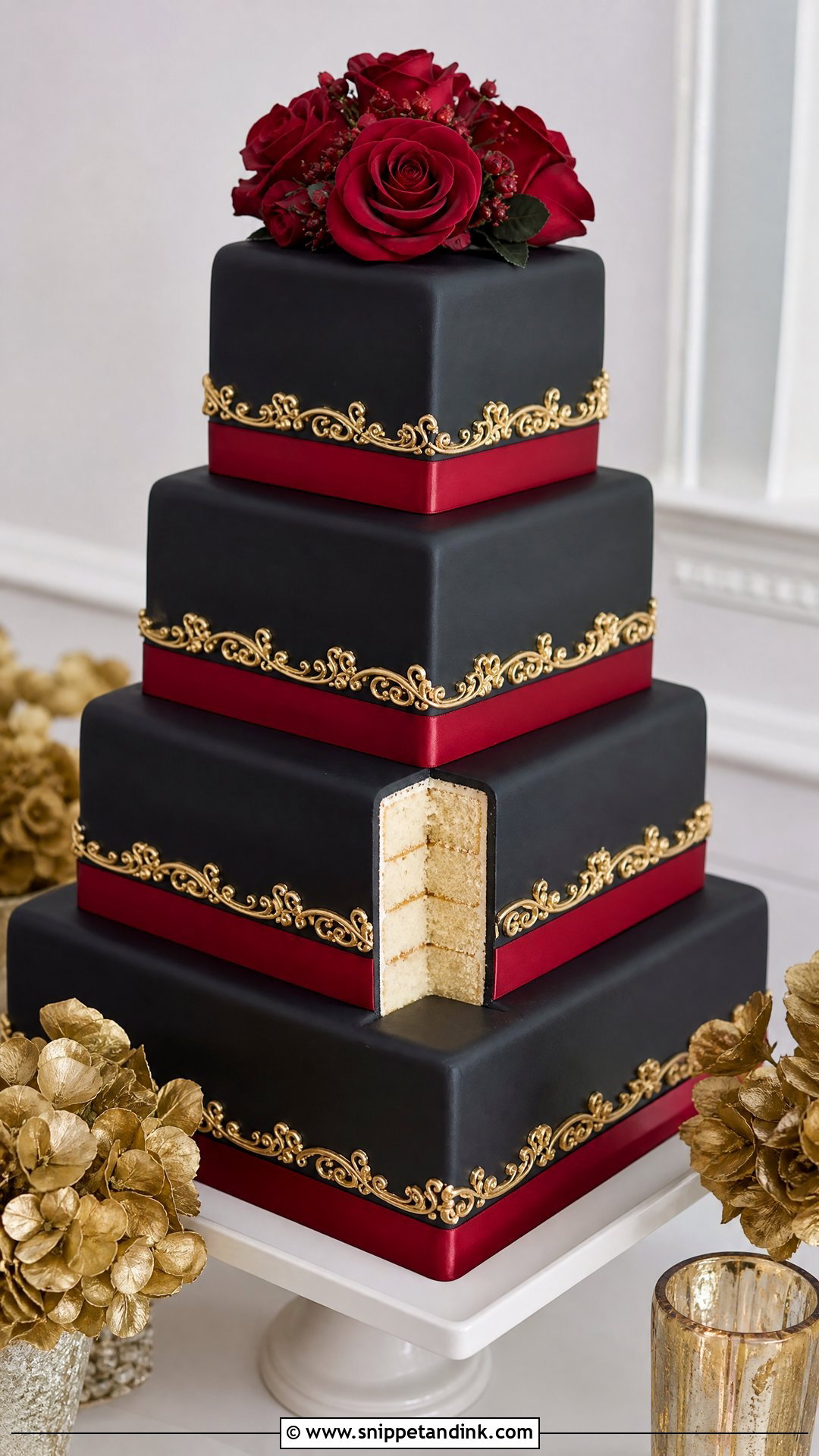 Red Black And Gold Wedding Cake With Fondant - Snippet and Ink - 20 Red Black and Gold Cake Ideas for Wedding