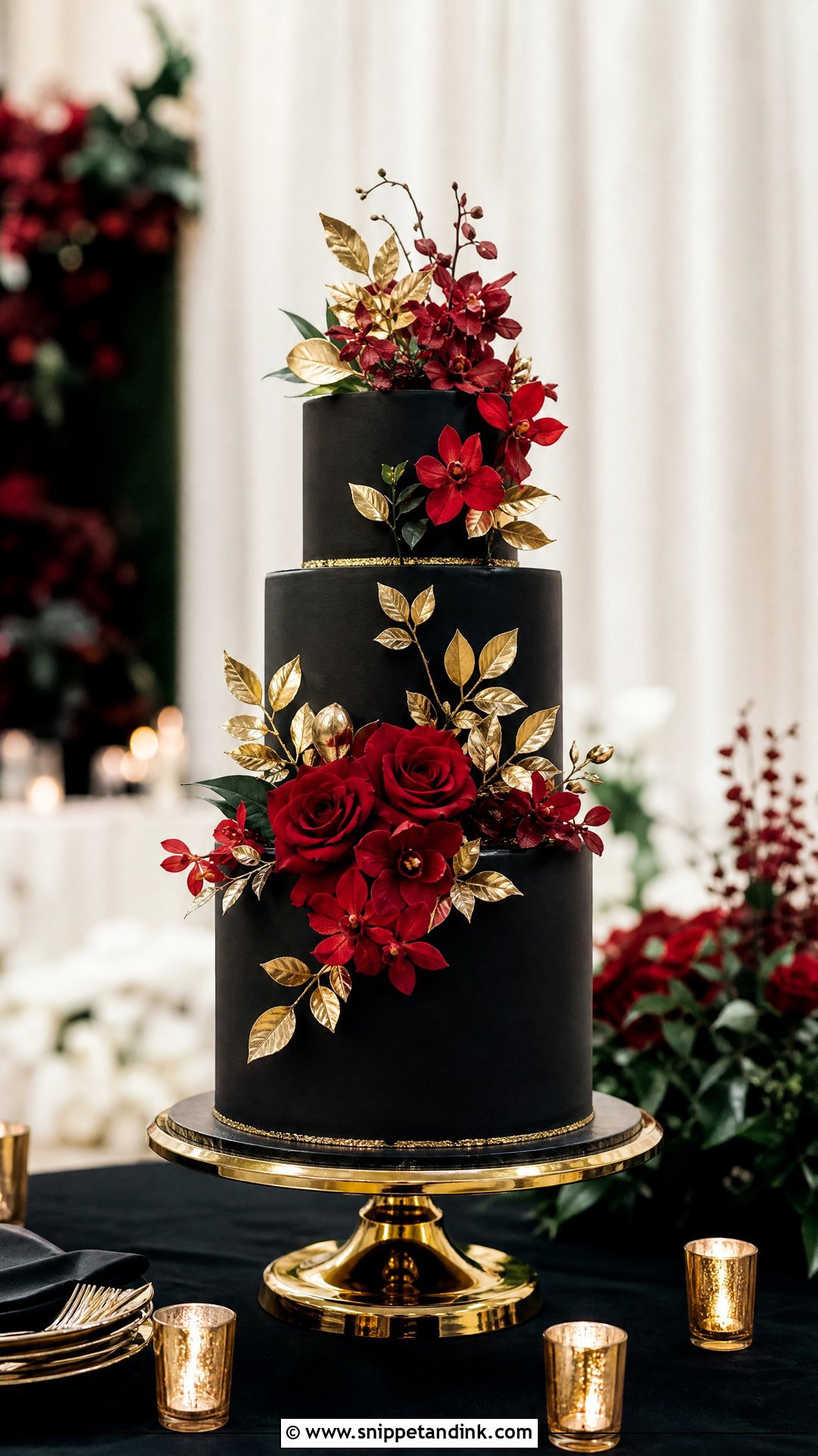 Red Black And Gold Wedding Cake With Fresh Flowers - Snippet and Ink - 20 Red Black and Gold Cake Ideas for Wedding