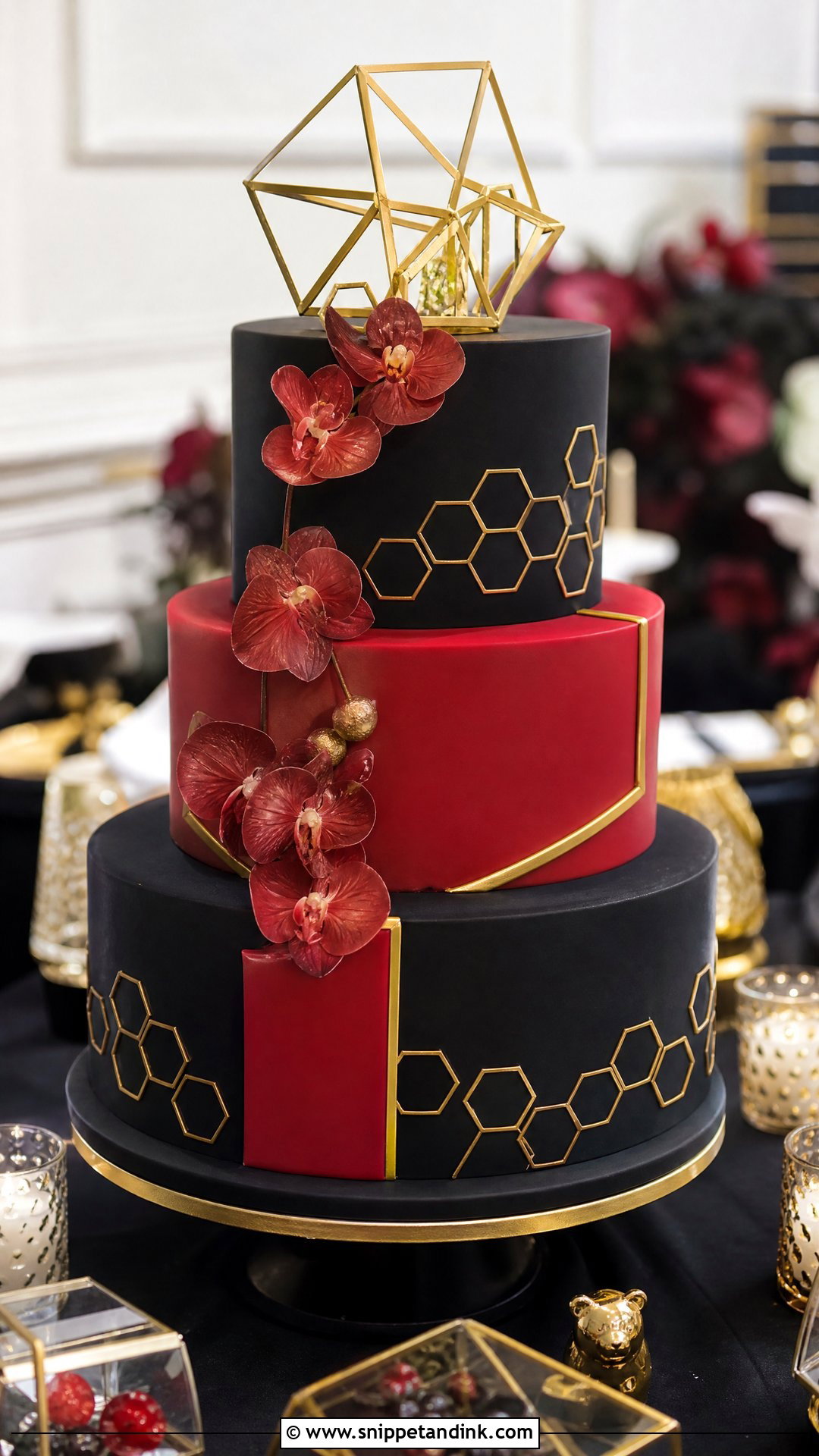 Red Black And Gold Wedding Cake With Geometric Pattern - Snippet and Ink - 20 Red Black and Gold Cake Ideas for Wedding