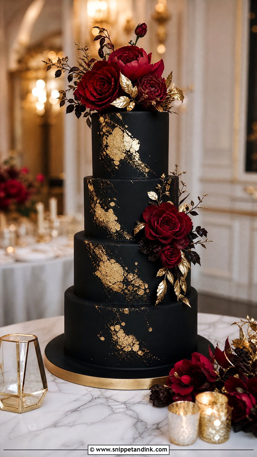 Red Black And Gold Wedding Cake With Gold Leaf - Snippet and Ink - 20 Red Black and Gold Cake Ideas for Wedding