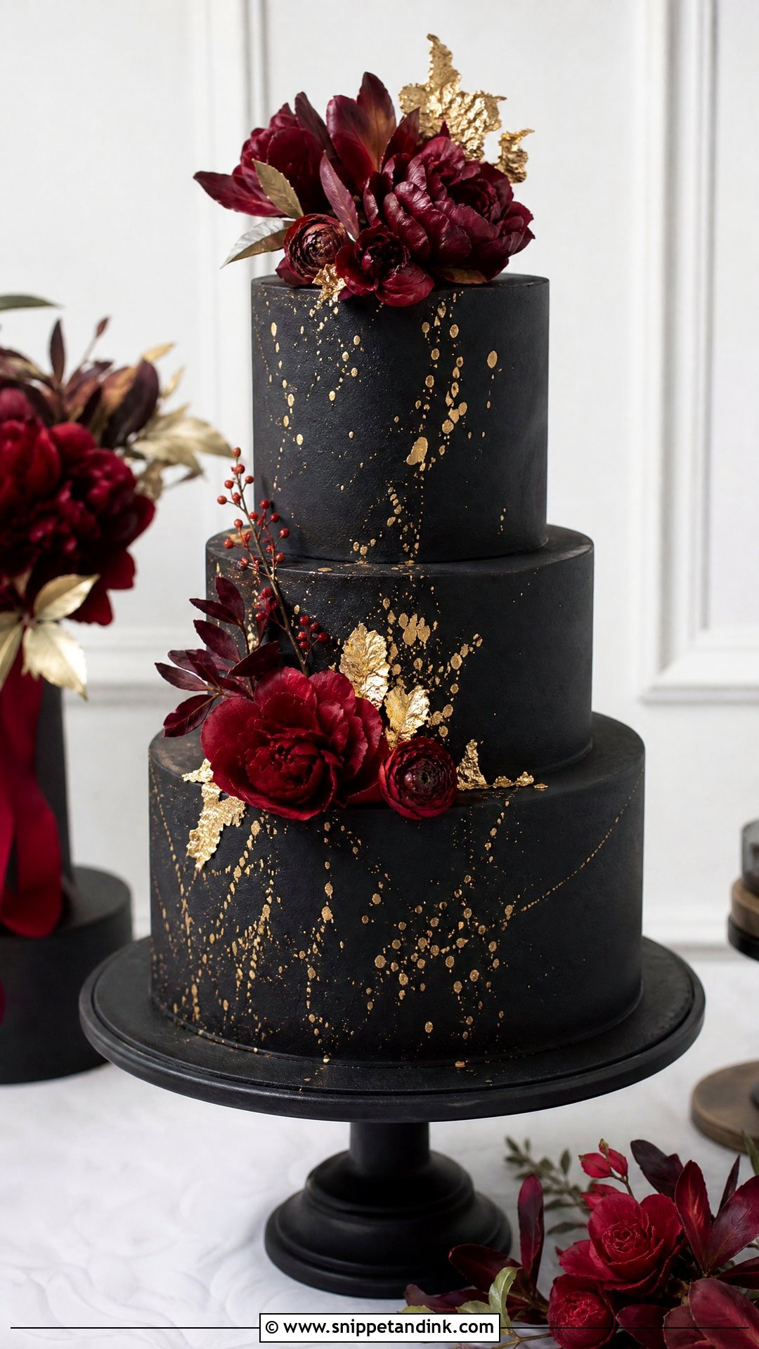 Red Black And Gold Wedding Cake With Gold Splatter - Snippet and Ink - 20 Red Black and Gold Cake Ideas for Wedding